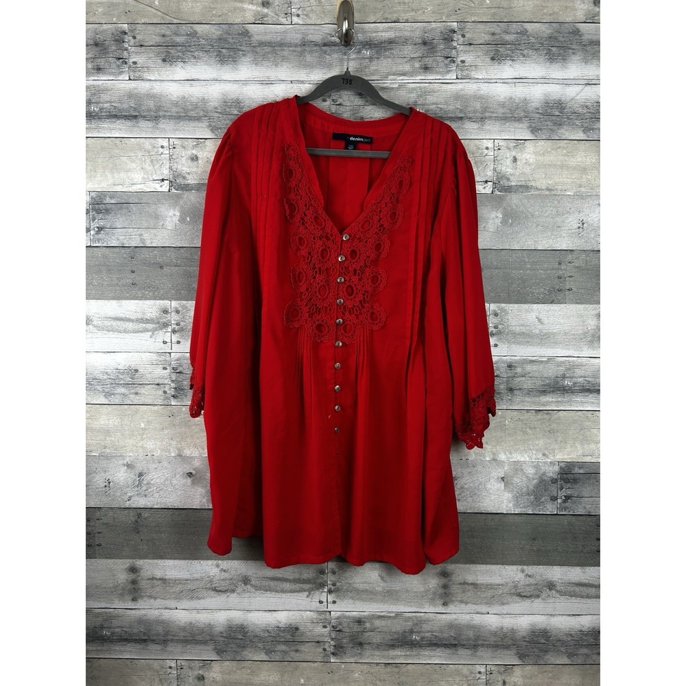 Denim 24/7 Women's Red Long Sleeve 1/2 Button Up Blouse 26W